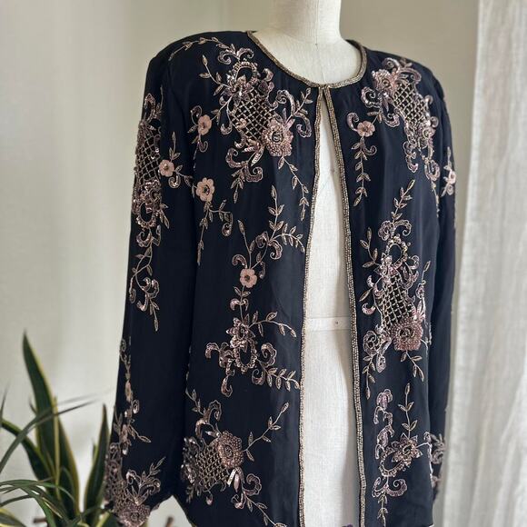Draper’s & Damon’s Women’s 14 Jacket Black Rose Gold Silk Beaded Evening Glam - Picture 2 of 3